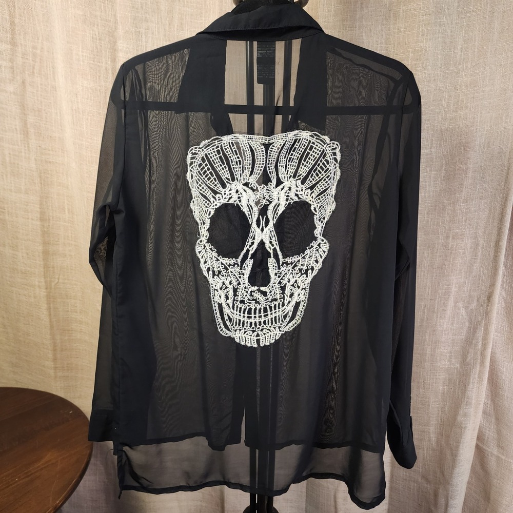 Wet Seal Skull Sheer Chiffon Button Down Shirt L Black Goth